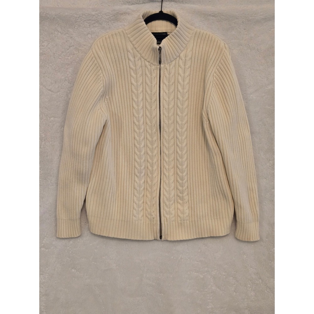 Lands End Womens Cardigan Large (14-16) Cream Cotton Cable Knit Full Zip Sweater